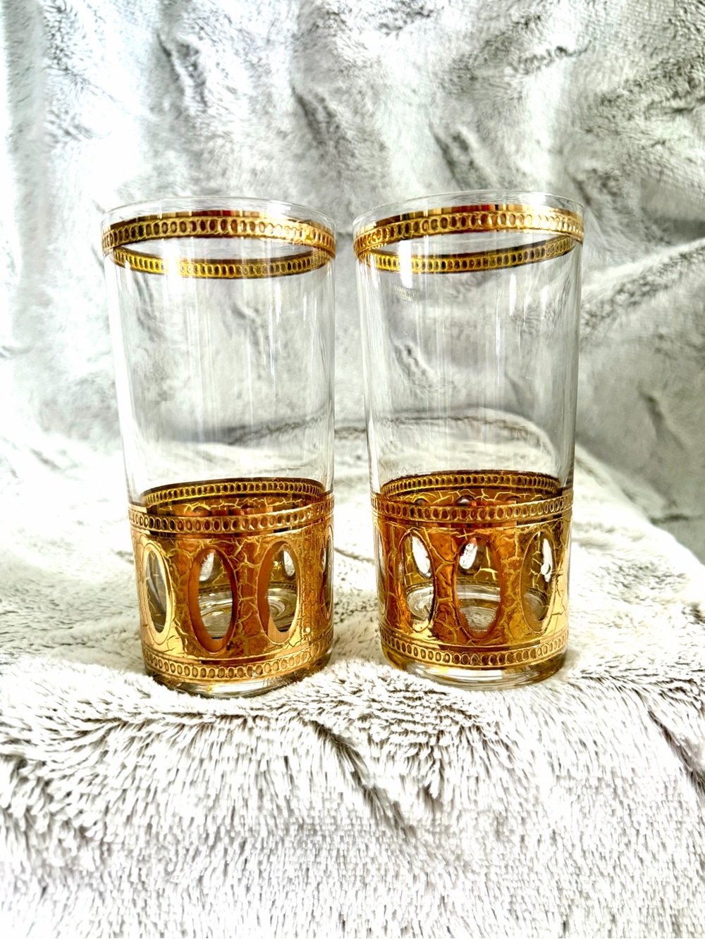 1950’s Culver Antigua pattern Pair of Gold-textured Accent Clear Glass Tumblers
